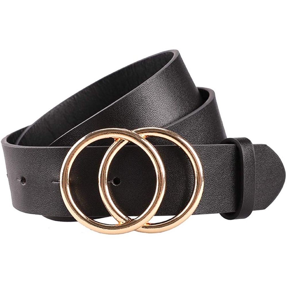 Elegant Black Leather Belt with Gold Buckle